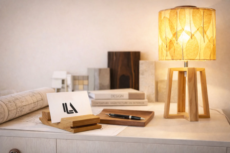 Bureau avec lampe en bois papeterie et échantillons de matériaux