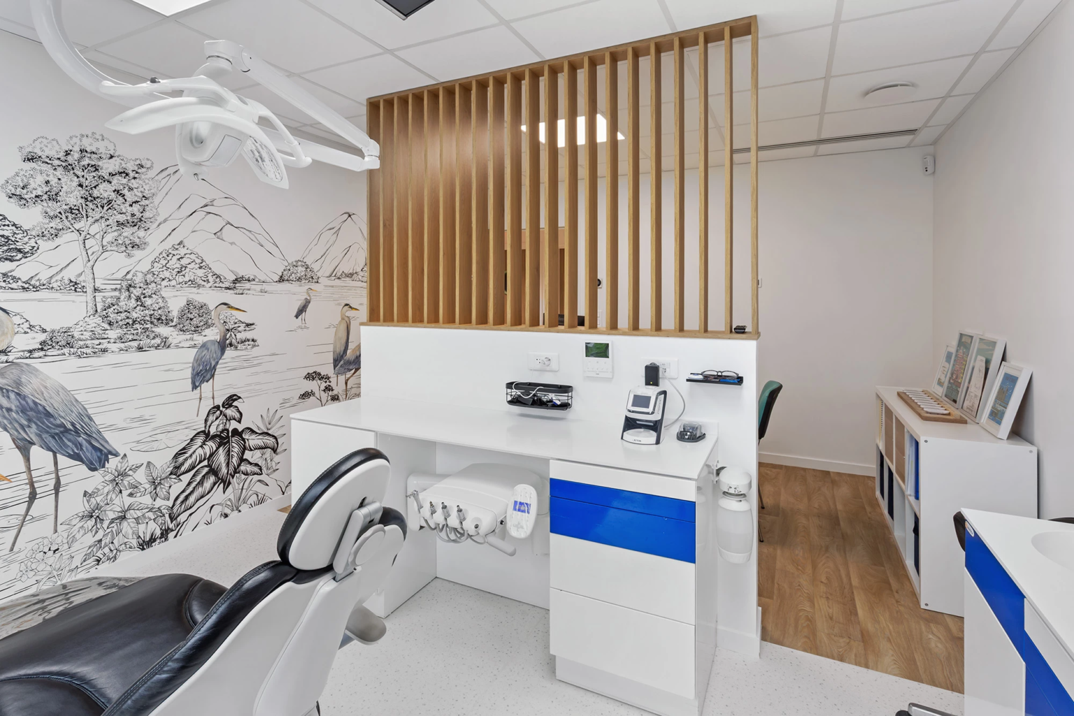 Salle de soins avec fauteuil dentaire et fresque murale illustrée