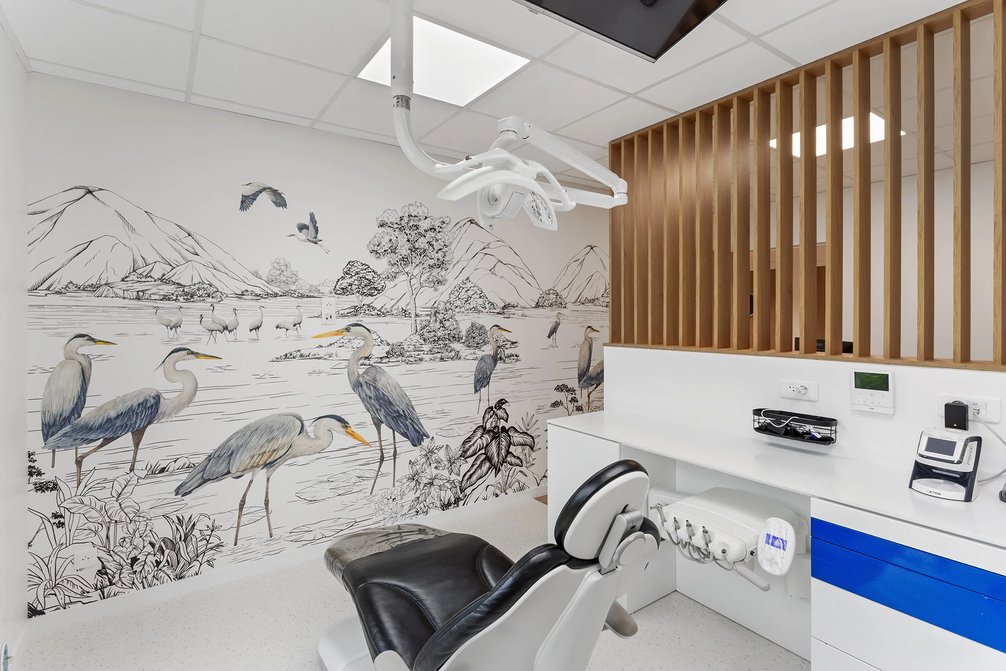 Cabinet dentaire moderne avec mural illustré de hérons, fauteuil de soins et claustra en bois pour séparer les espaces.