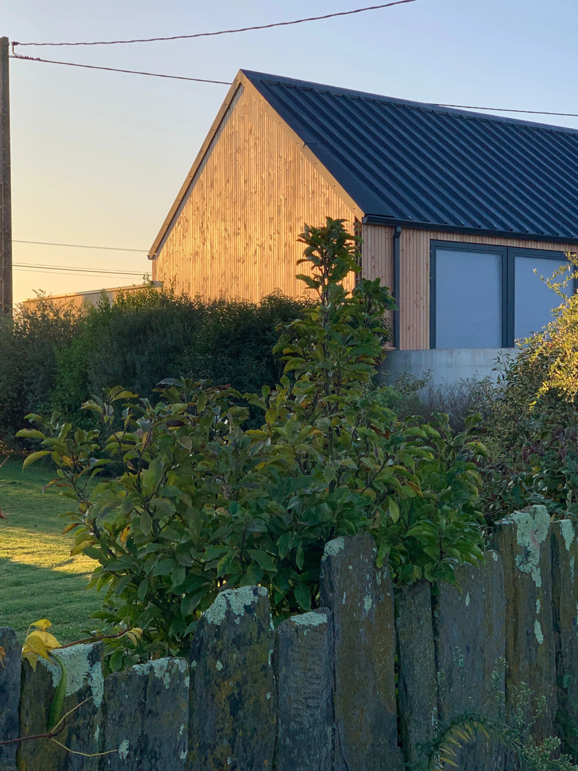 Bâtiment en bois derrière clôture avec jardin et arbustes