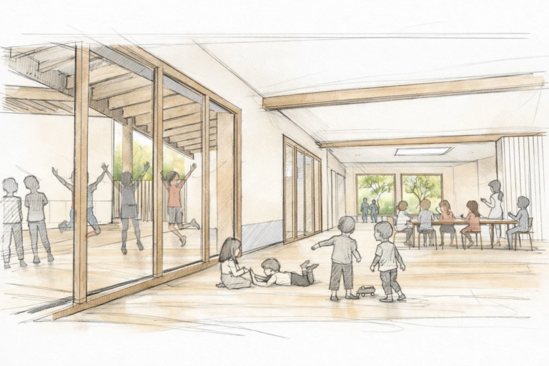 Enfants jouant dans une salle lumineuse en bois