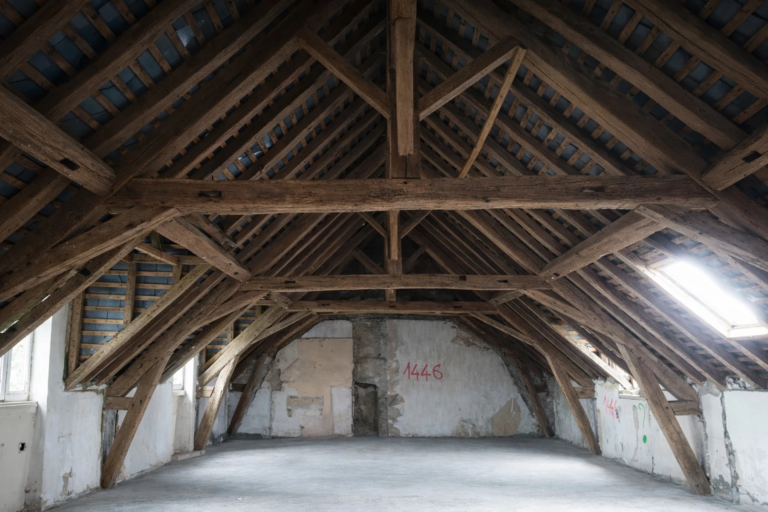 Charpente en bois apparente dans un grenier vide