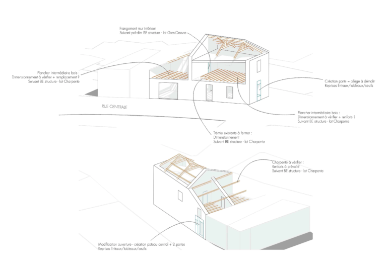 Schéma 3D de structure intérieure avec indications techniques